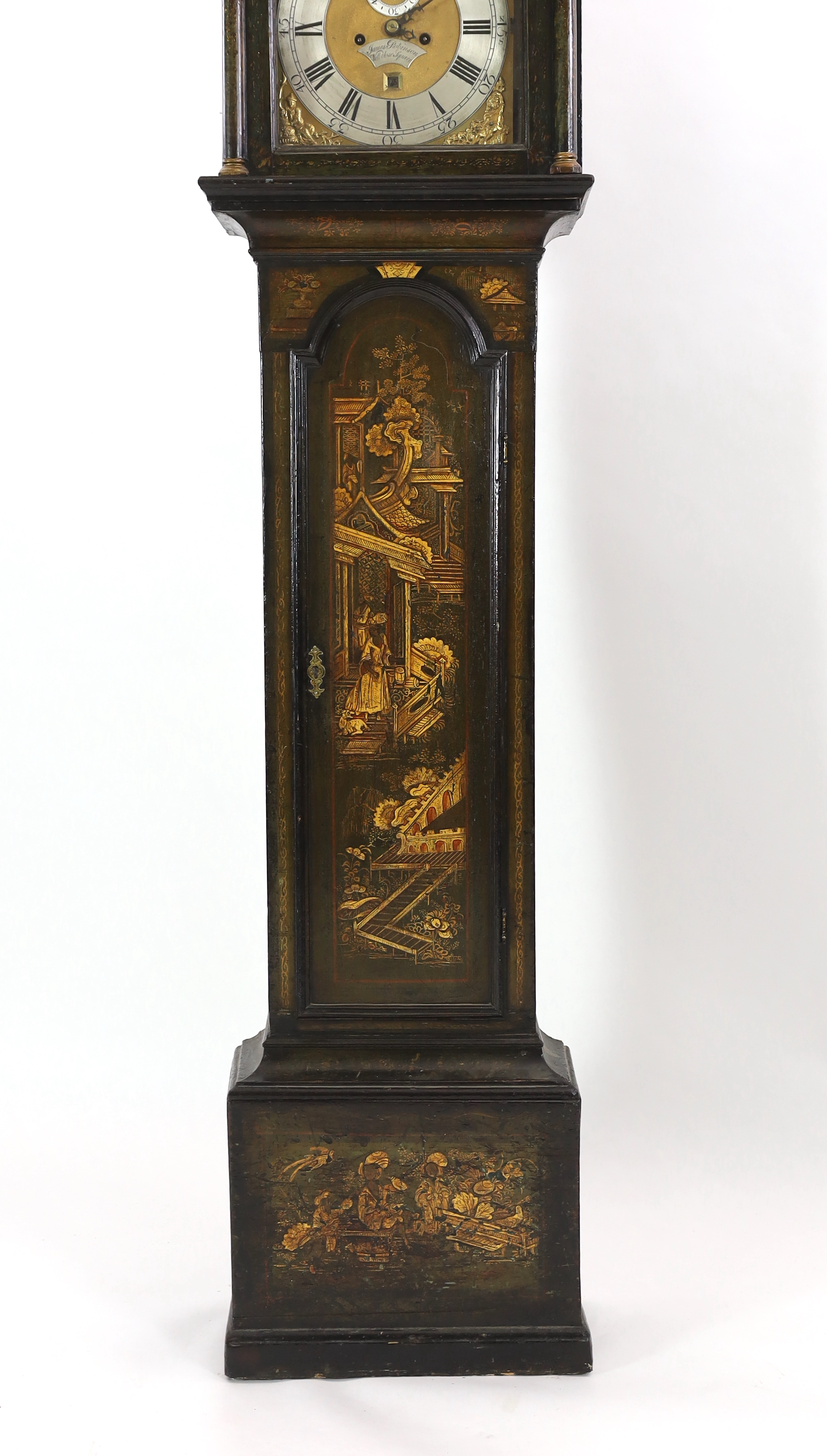 James Robinson of Well Close Square, a George III black japanned eight day longcase clock, 49cm wide, 24cm deep, 223cm high